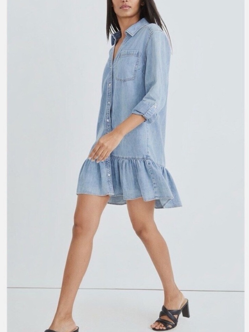 Veronica Beard Light Blue Denim Shirt Dress with Ruffle Hem